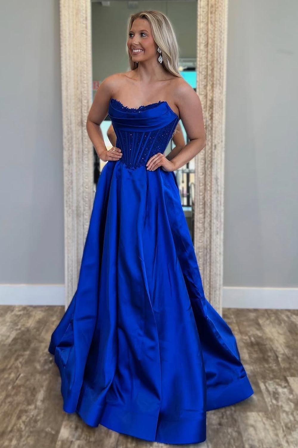 Suzhoufashion Royal Blue Satin Gown With Strapless Glitter Bodice A-Line Silhouette Prom Dress Formal Evening Gown