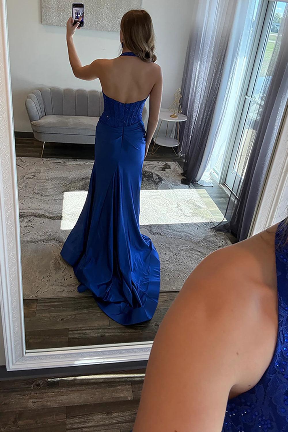 Suzhoufashion Royal Blue Satin Prom Dress Mermaid Halter Corset Long Formal Dress With Slit