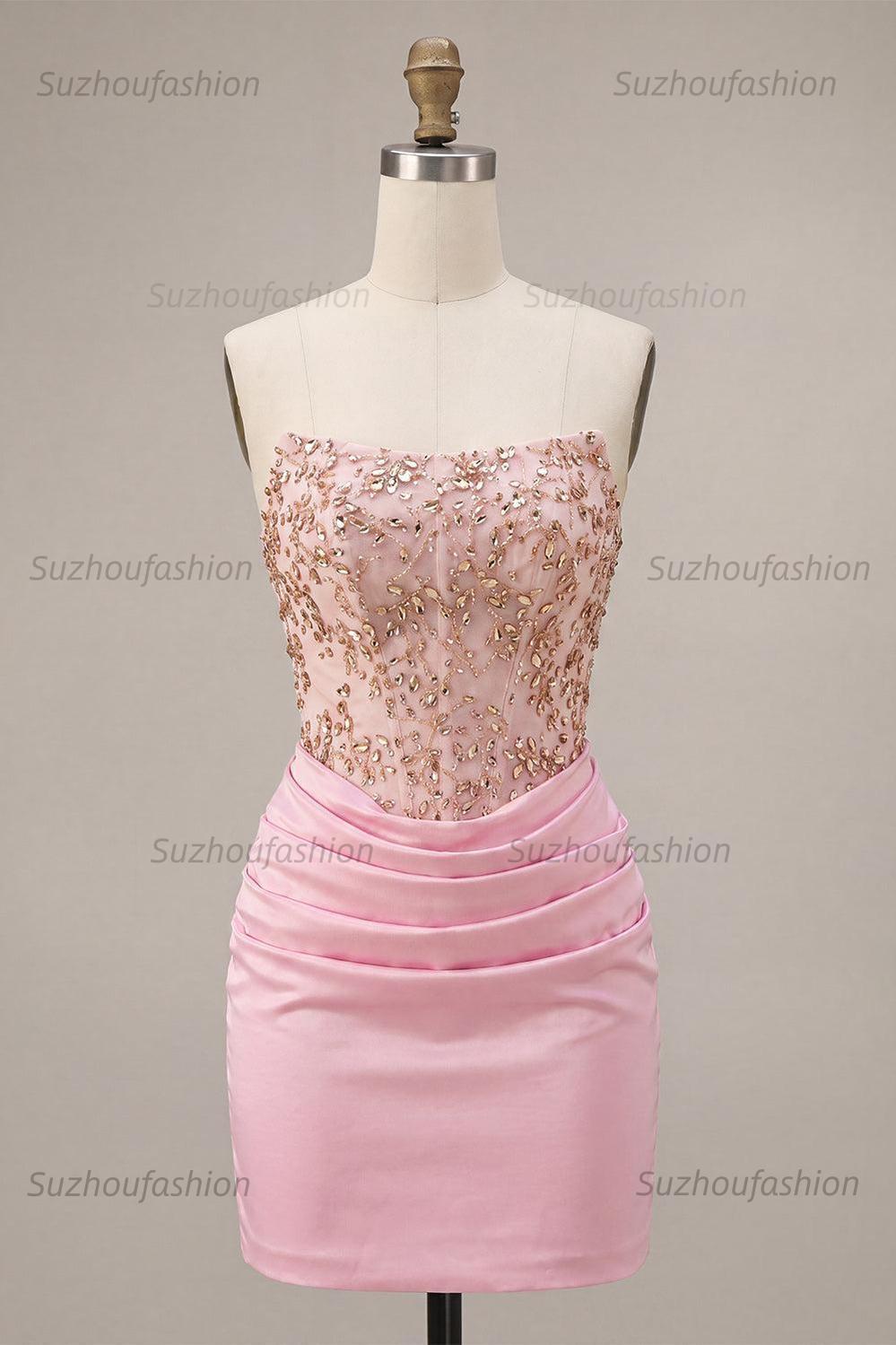 Suzhoufashion Ruched Pink Short Corset Homecoming Dress with Rhinestones