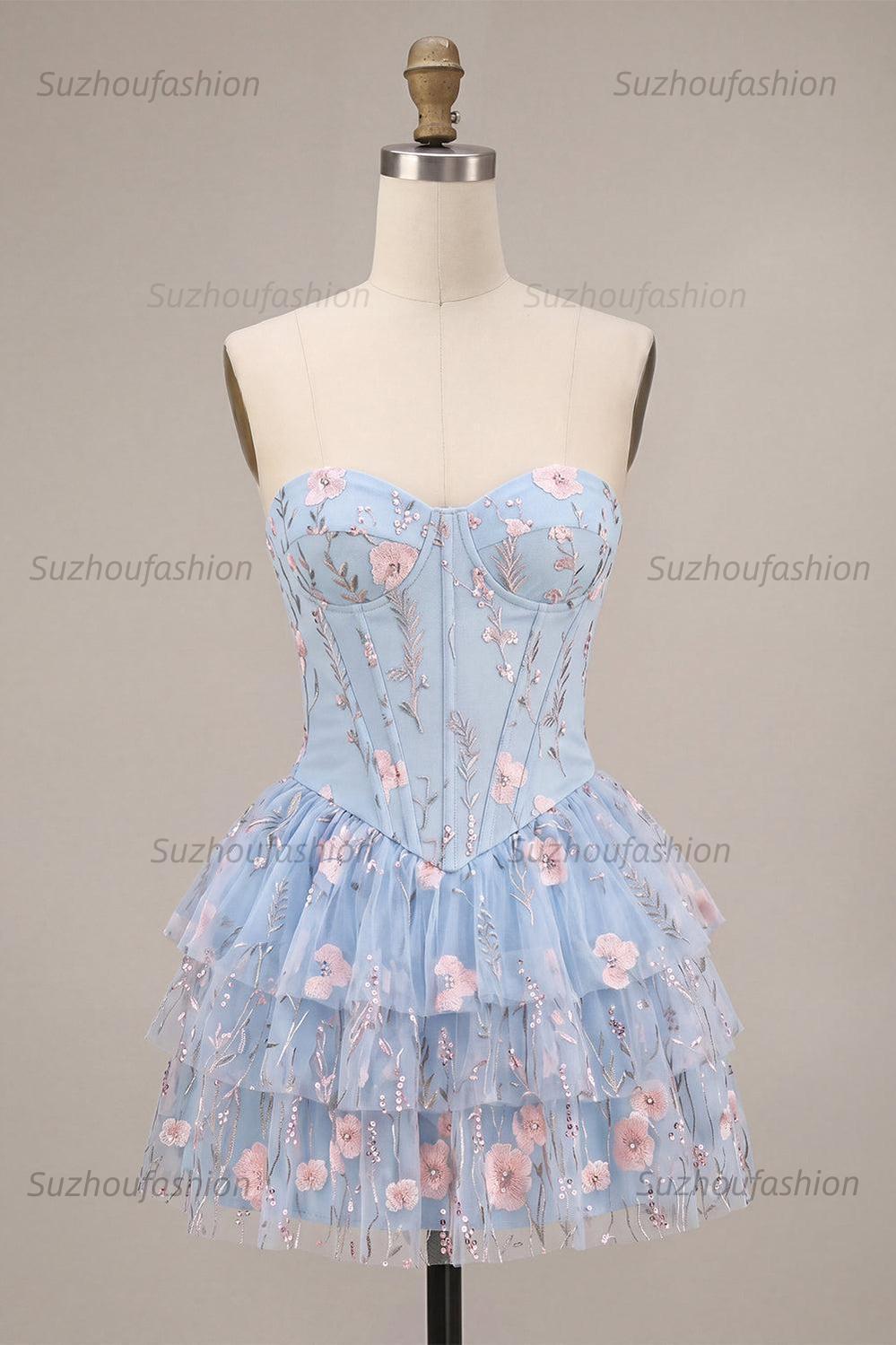 Suzhoufashion Ruffled Beaded Light Blue Corset Floral Tiered Short Homecoming Dress