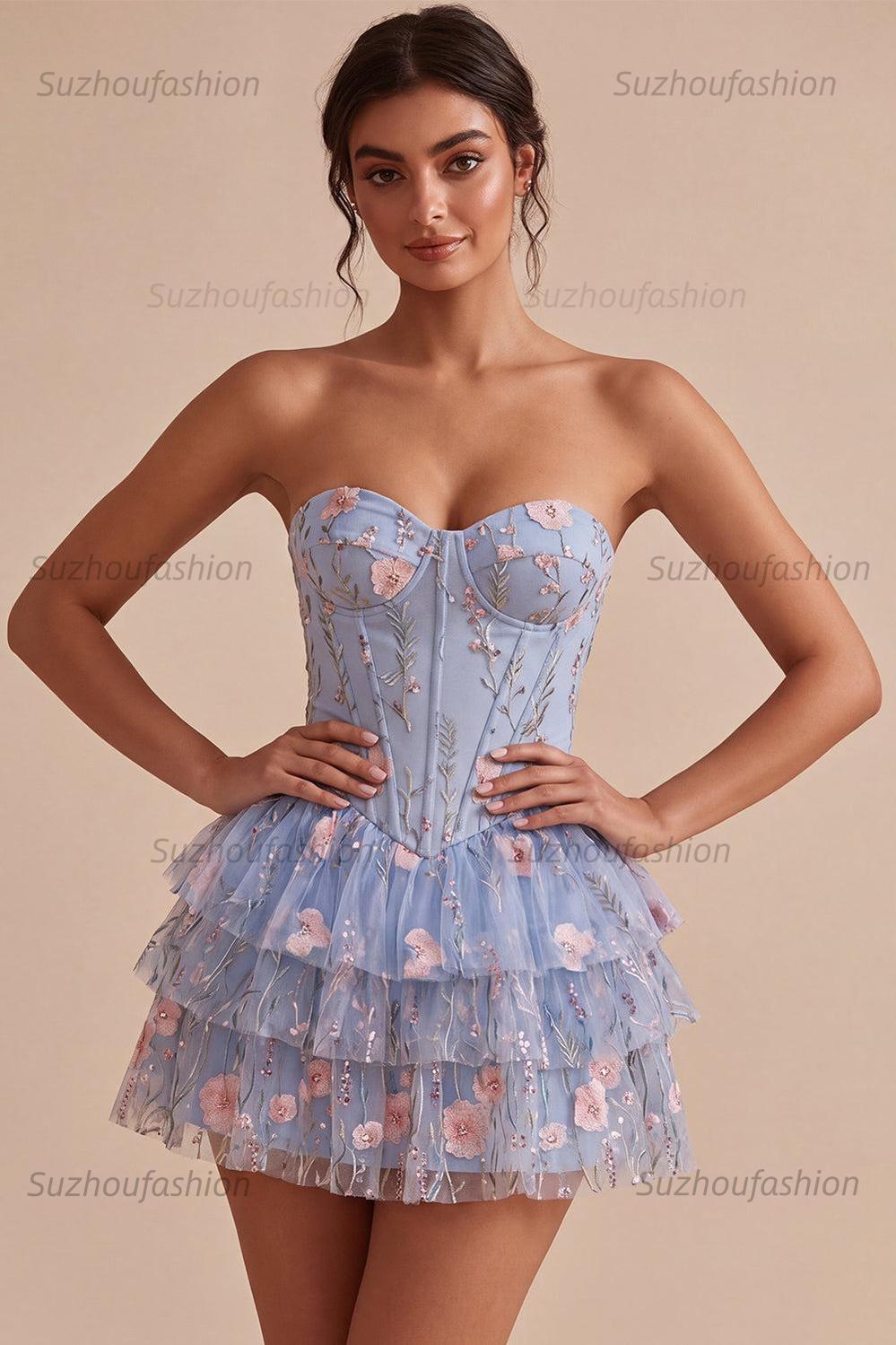 Suzhoufashion Ruffled Beaded Light Blue Corset Floral Tiered Short Homecoming Dress
