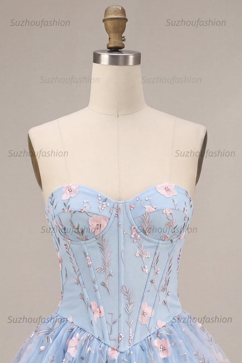 Suzhoufashion Ruffled Beaded Light Blue Corset Floral Tiered Short Homecoming Dress