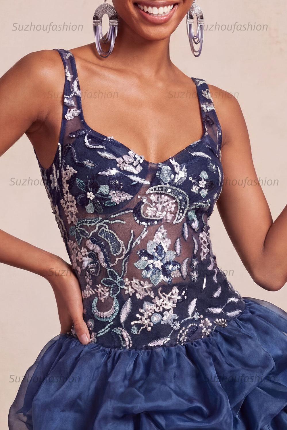 Suzhoufashion Ruffled Beaded Navy Bubble A Line Floral Mini Homecoming Dress