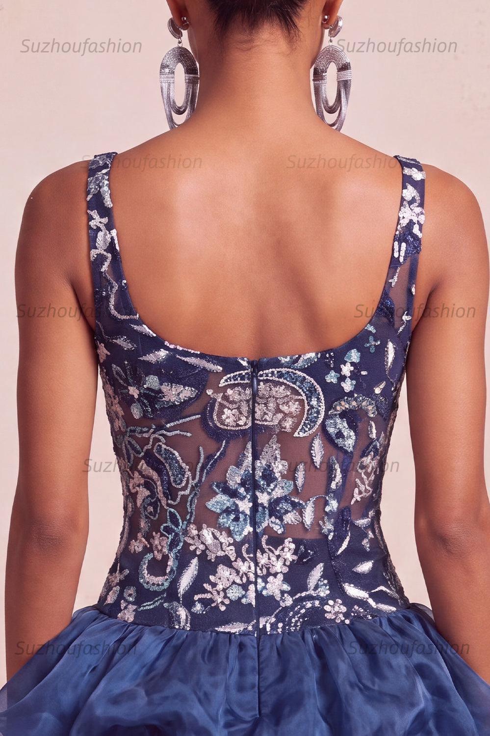 Suzhoufashion Ruffled Beaded Navy Bubble A Line Floral Mini Homecoming Dress