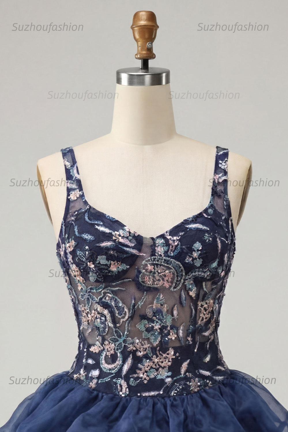 Suzhoufashion Ruffled Beaded Navy Bubble A Line Floral Mini Homecoming Dress