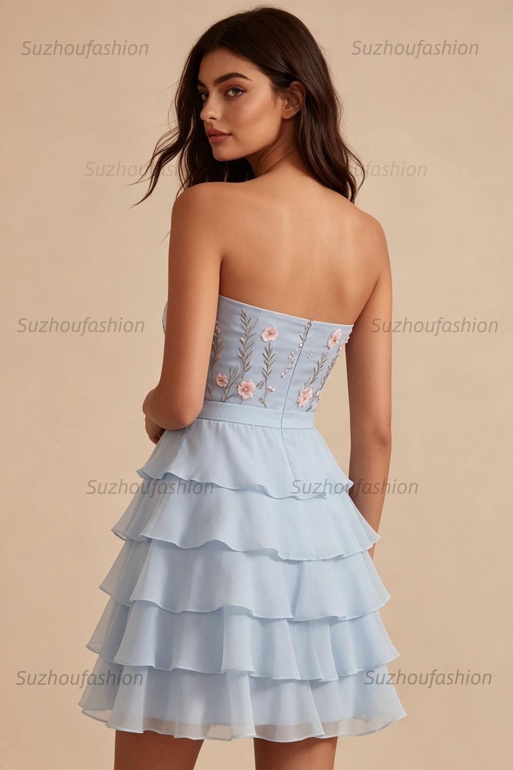 Suzhoufashion Ruffled Sky Blue Floral Tiered A Line Short Homecoming Dress with Bow
