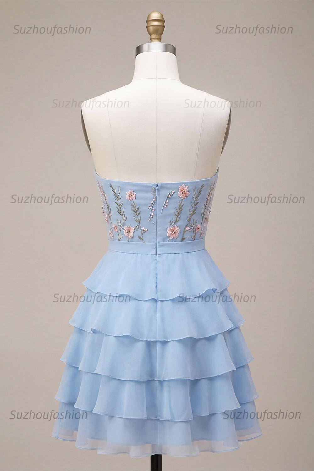 Suzhoufashion Ruffled Sky Blue Floral Tiered A Line Short Homecoming Dress with Bow