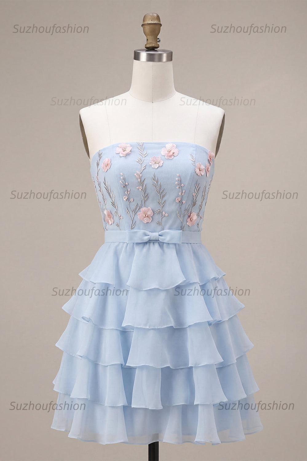 Suzhoufashion Ruffled Sky Blue Floral Tiered A Line Short Homecoming Dress with Bow