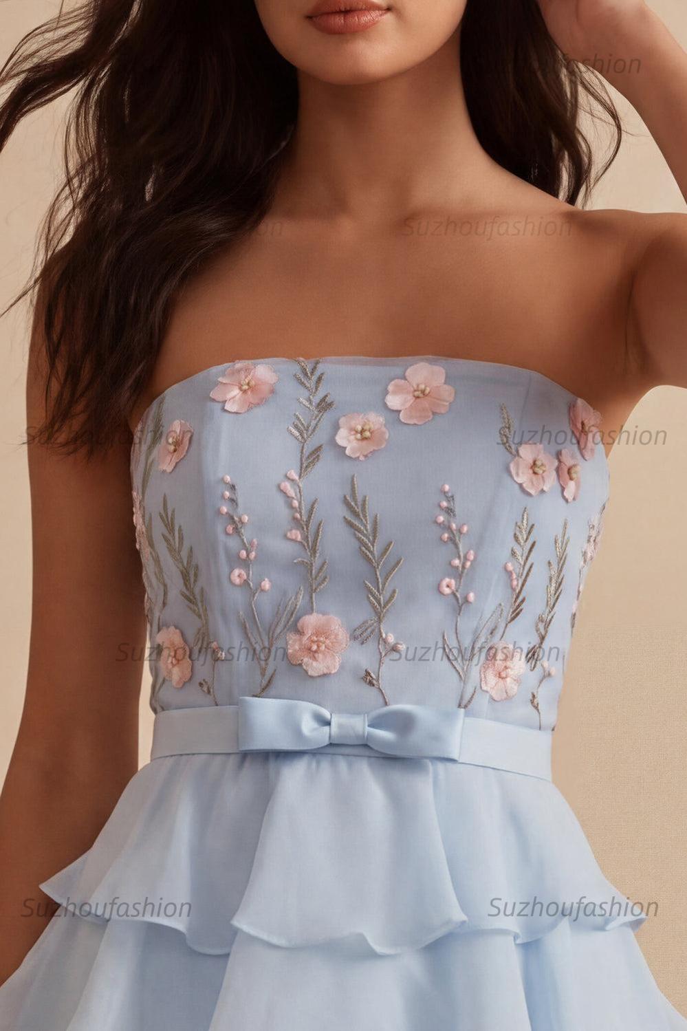Suzhoufashion Ruffled Sky Blue Floral Tiered A Line Short Homecoming Dress with Bow