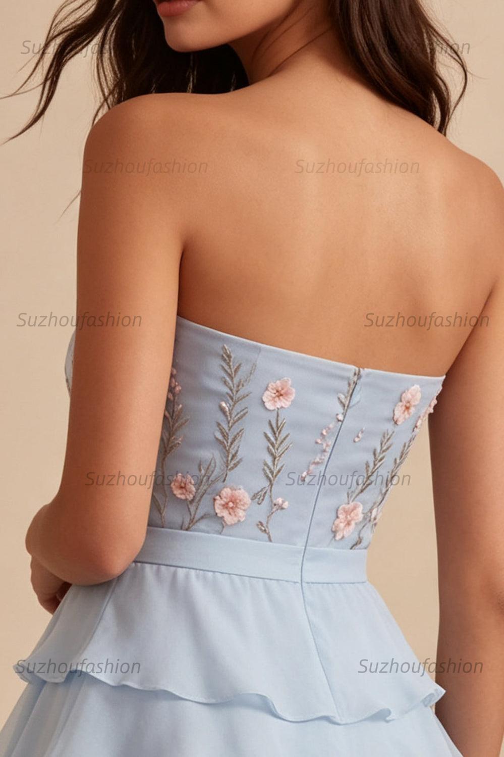 Suzhoufashion Ruffled Sky Blue Floral Tiered A Line Short Homecoming Dress with Bow