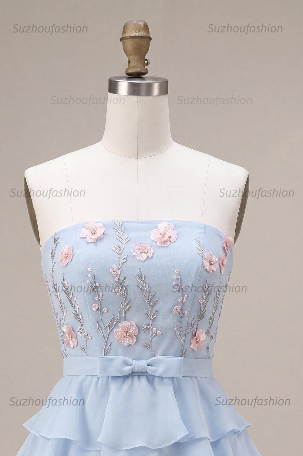 Suzhoufashion Ruffled Sky Blue Floral Tiered A Line Short Homecoming Dress with Bow