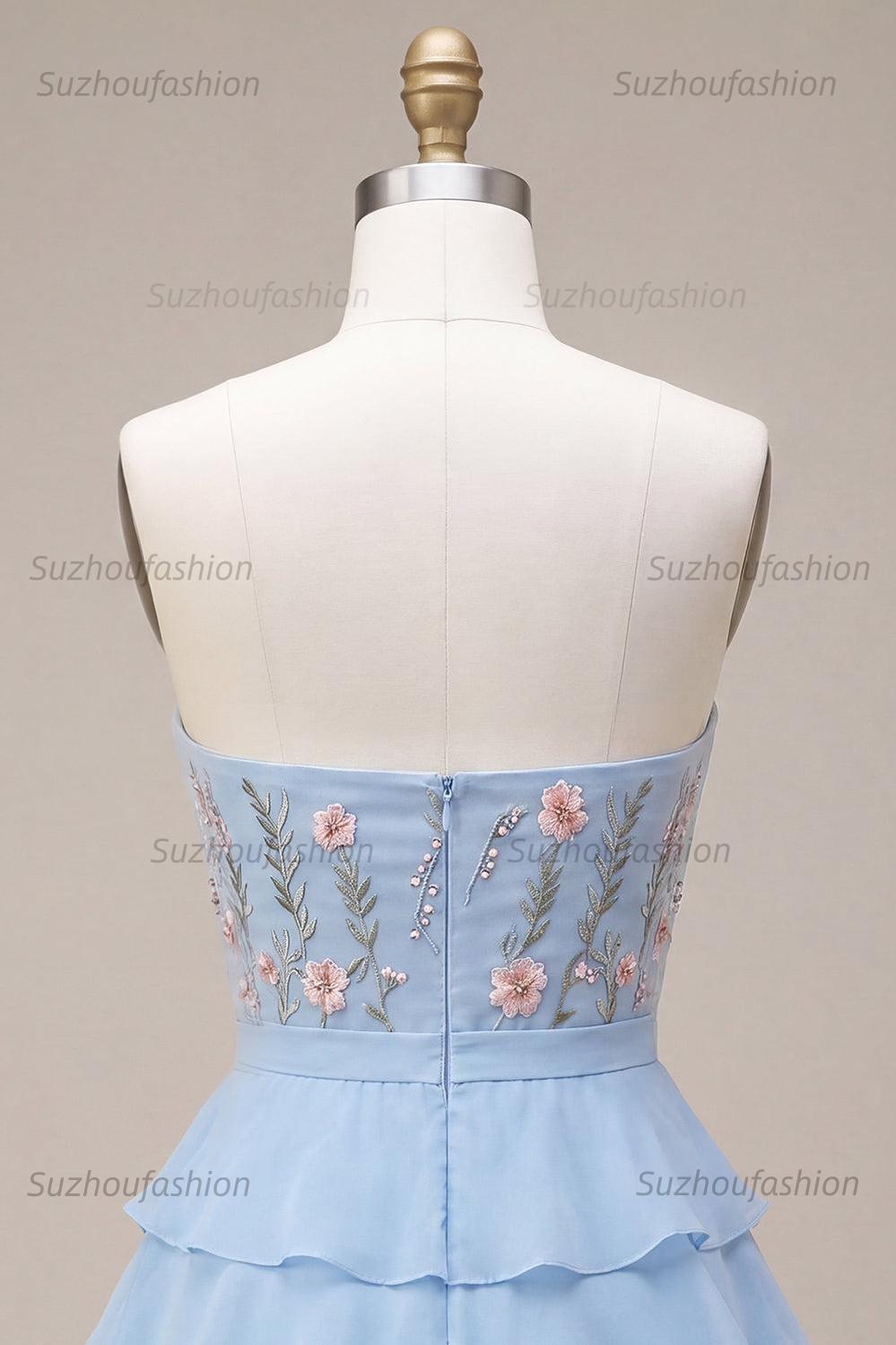 Suzhoufashion Ruffled Sky Blue Floral Tiered A Line Short Homecoming Dress with Bow