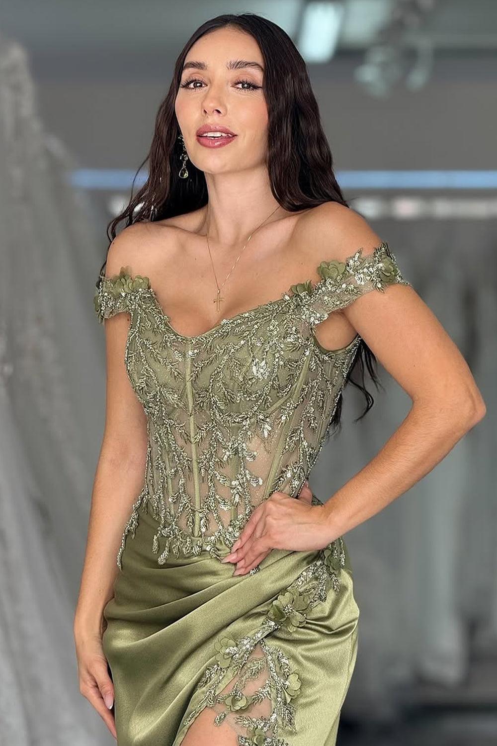 Suzhoufashion Sage Green Off-Shoulder Embellished Corset Prom Dress With High Slit Formal Evening Gown