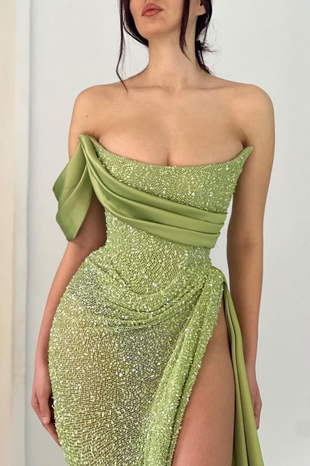Suzhoufashion Sage Green Off-The-Shoulder Beaded Prom Dress With High Slit Formal Evening Gown