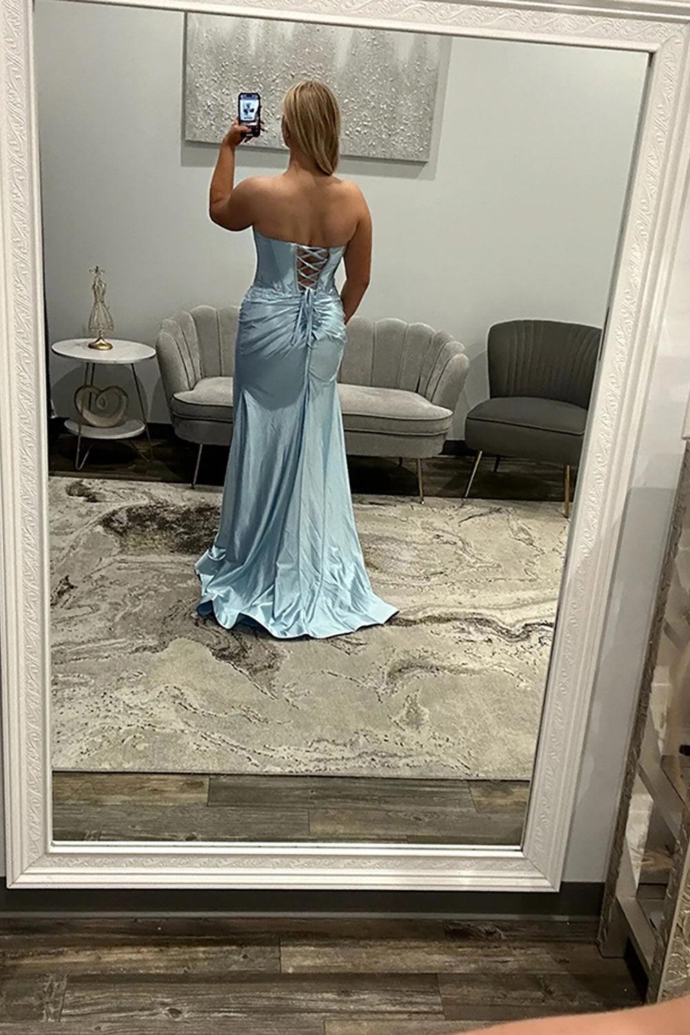 Suzhoufashion Satin Light Blue Prom Dress Corset Sweetheart Mermaid Long Formal Dress With Slit