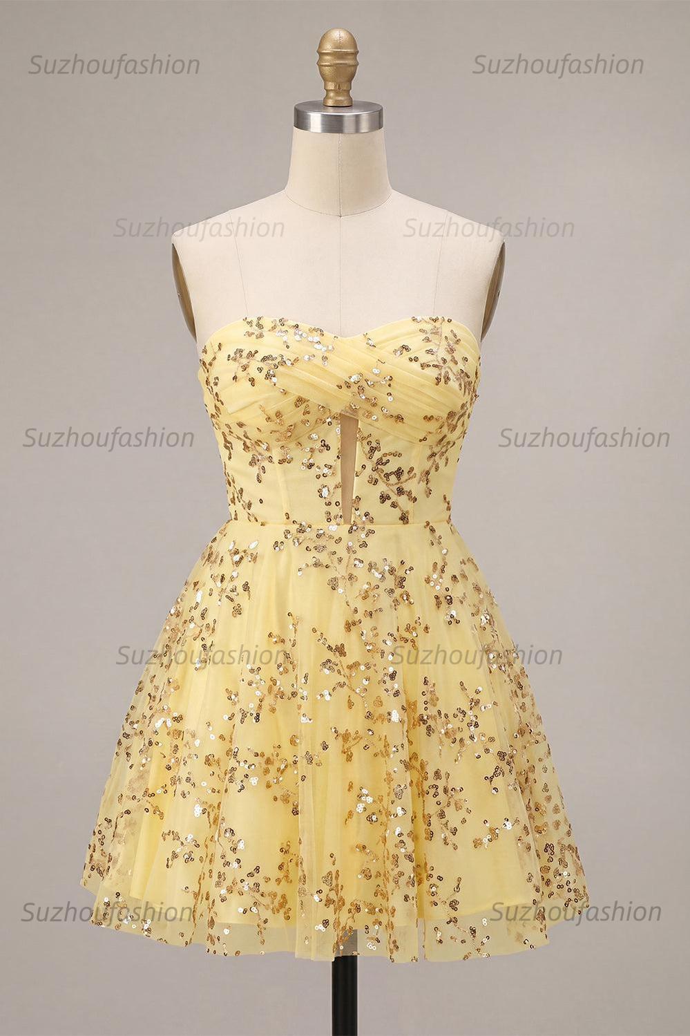 Suzhoufashion Sequin A-Line Corset Yellow Short Homecoming Dress