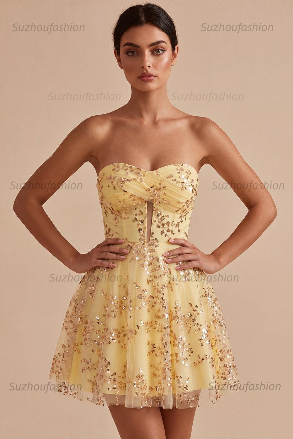 Suzhoufashion Sequin A-Line Corset Yellow Short Homecoming Dress