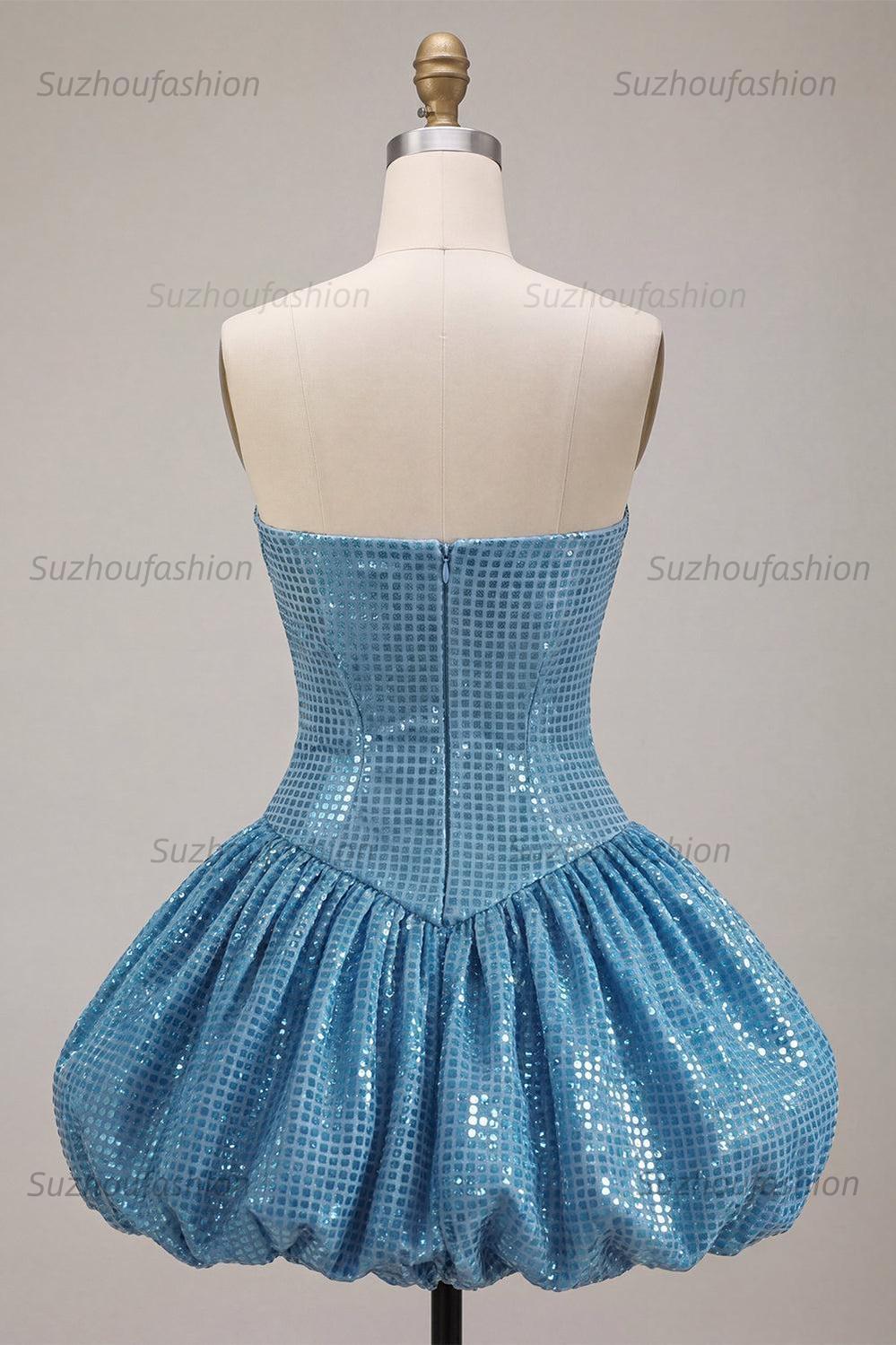 Suzhoufashion Sequin Blue A Line Strapless Bubble Short Homecoming Dress