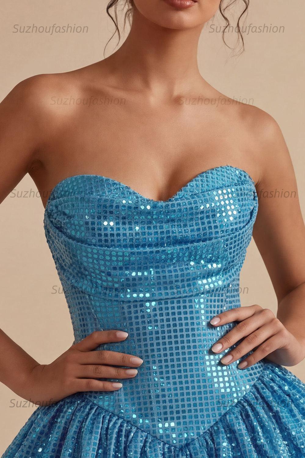 Suzhoufashion Sequin Blue A Line Strapless Bubble Short Homecoming Dress