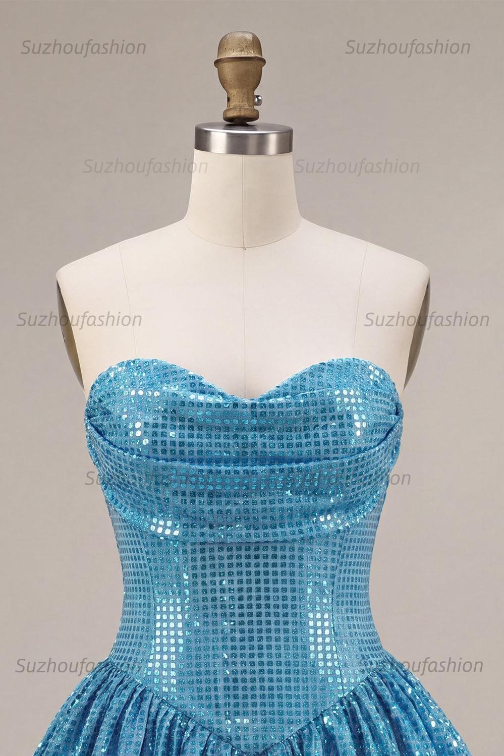 Suzhoufashion Sequin Blue A Line Strapless Bubble Short Homecoming Dress
