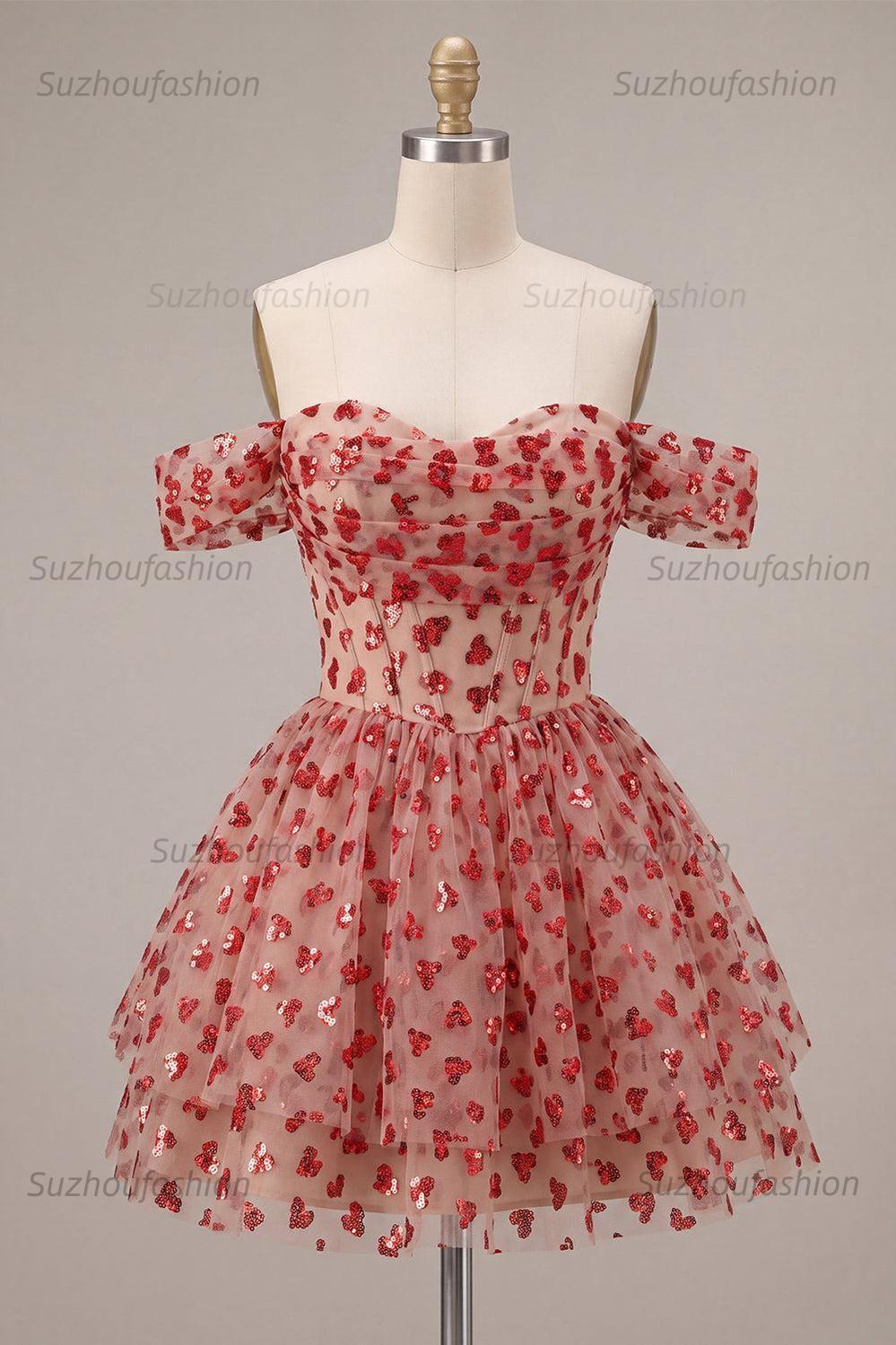 Suzhoufashion Sequins Red Corset A Line Short Homecoming Dress with Ruffles
