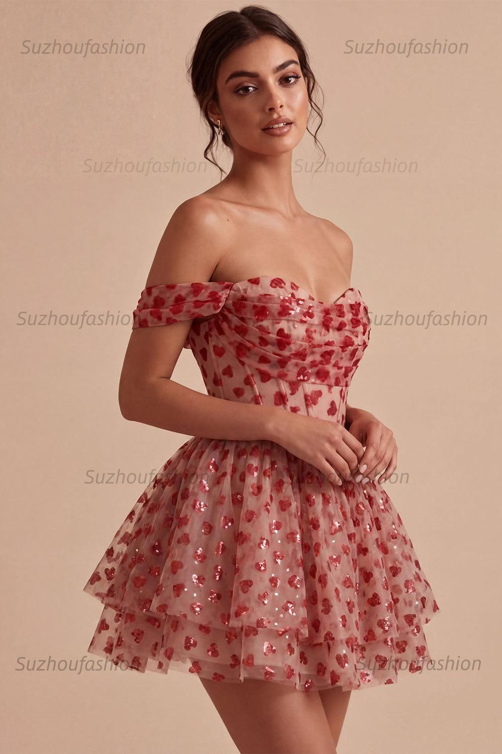 Suzhoufashion Sequins Red Corset A Line Short Homecoming Dress with Ruffles