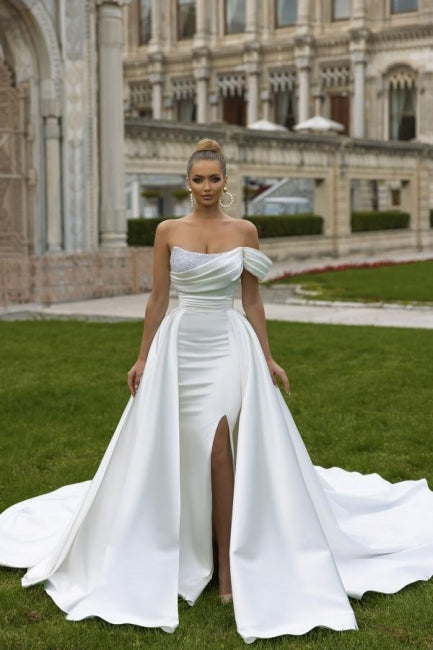 Suzhoufashion Sexy Satin Sleeveless Sequined Wedding Dress With Slit A-line Off-the-shoulder