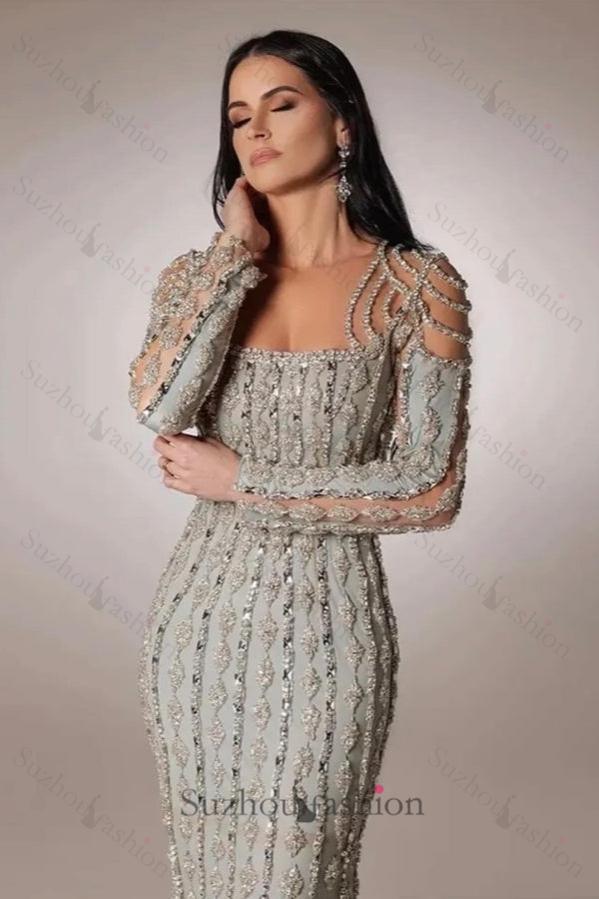 Suzhoufashion Silver Long Sleeve Formal Dress Beaded Rhinestones Prom Evening Gown
