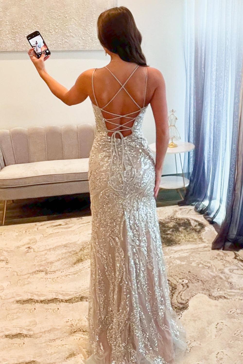 Suzhoufashion Silver Sequin Spaghetti Strap Mermaid Slit Prom Dress With Crisscross Lace-Up Back Formal Evening Gown