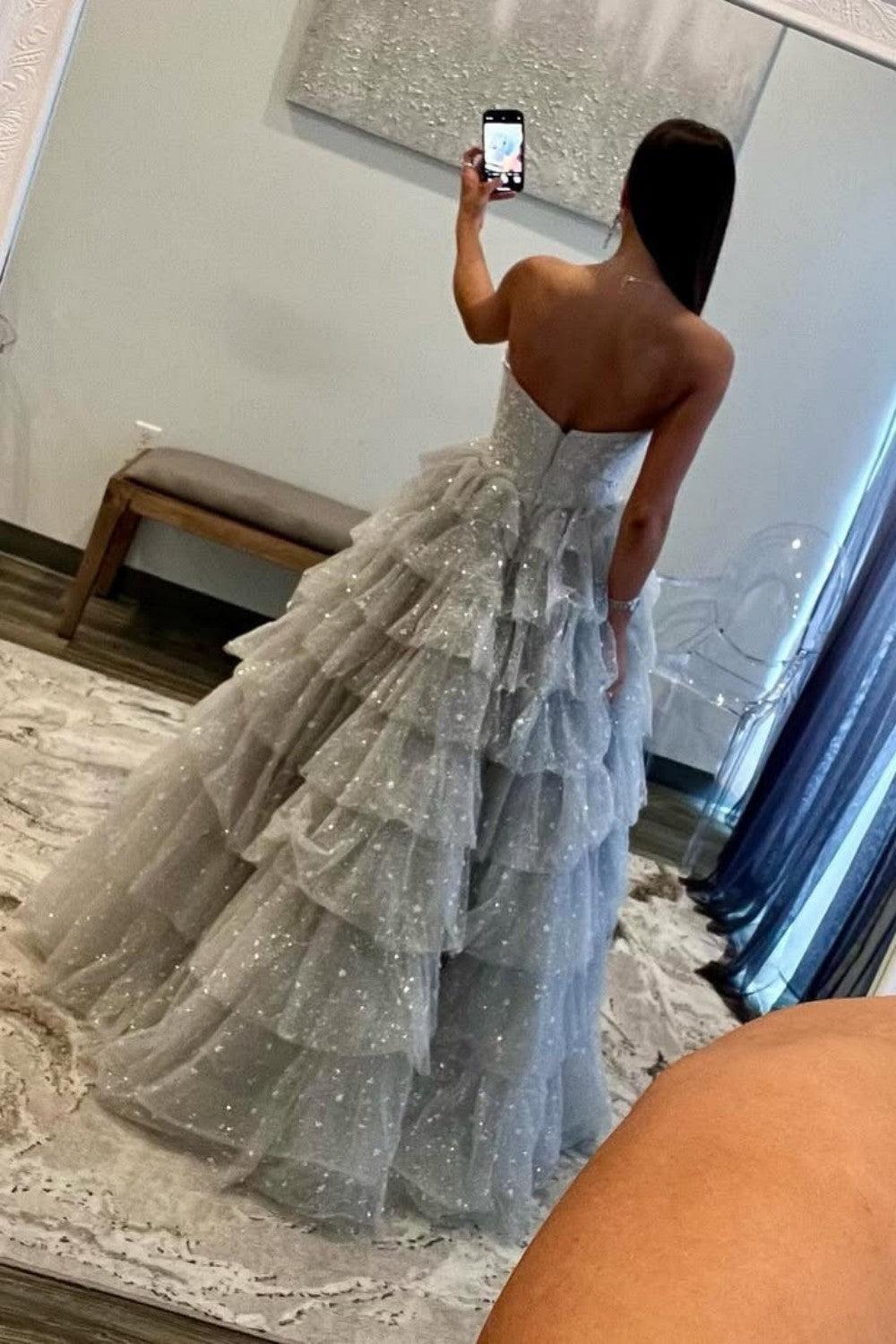 Suzhoufashion Silver Sparkling A-Line Sweetheart Ruffle Layer Prom Ball Gown Formal Evening Gown