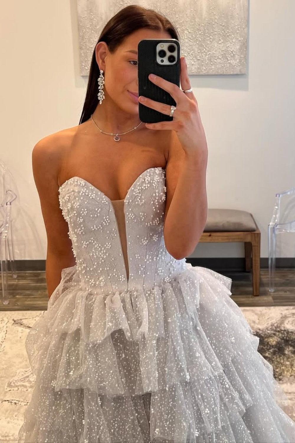 Suzhoufashion Silver Sparkling A-Line Sweetheart Ruffle Layer Prom Ball Gown Formal Evening Gown