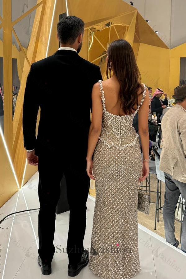 Suzhoufashion Silver Square Neck Formal Dress Beaded Rhinestones Prom Evening Gown