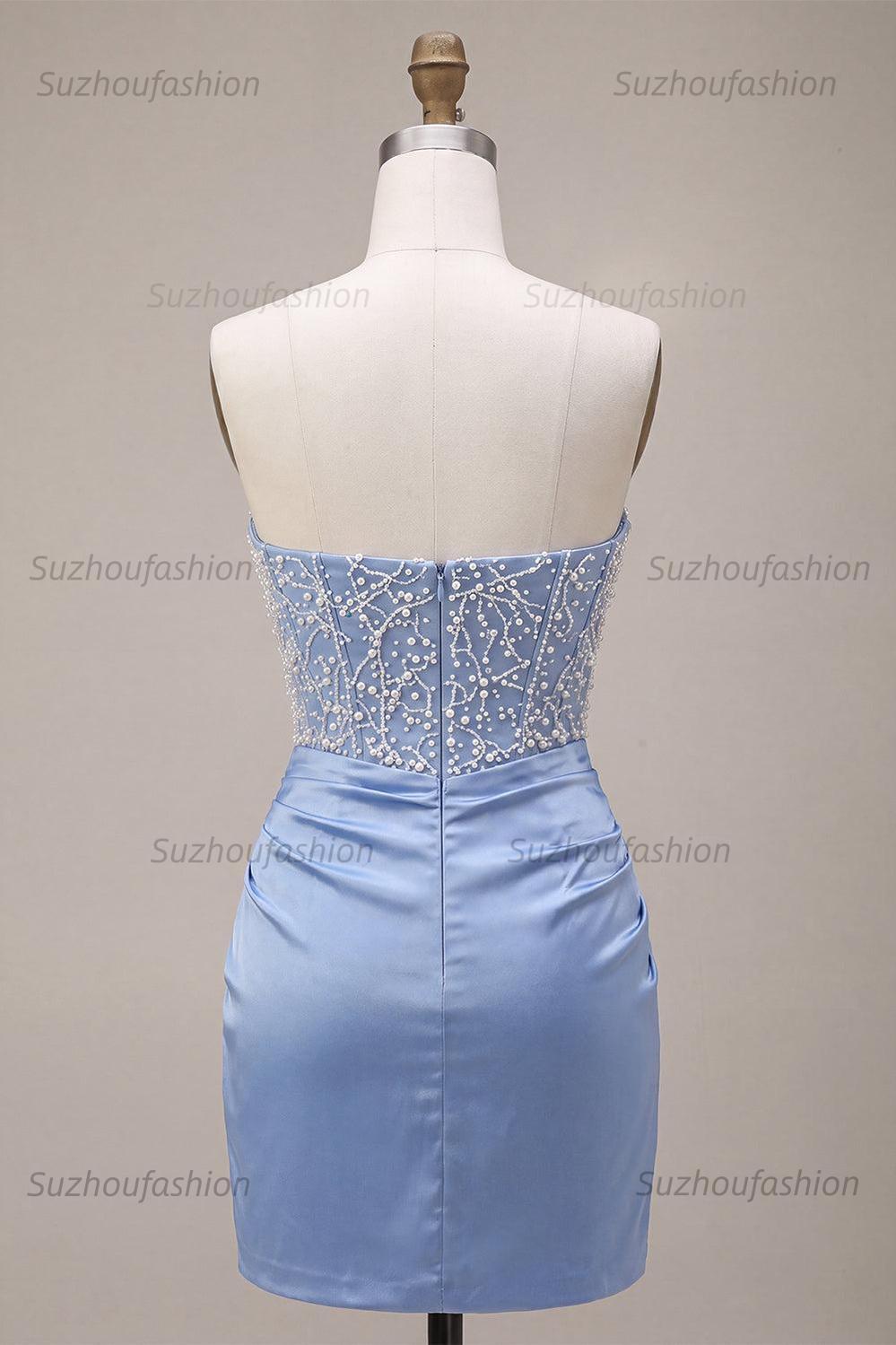 Suzhoufashion Sky Blue Beaded Strapless Tight Short Corset Homecoming Dress