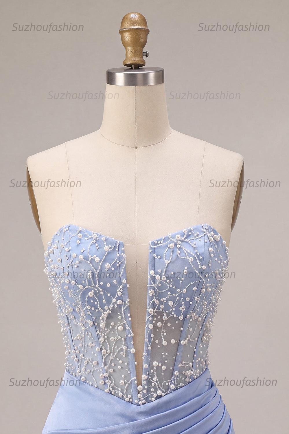 Suzhoufashion Sky Blue Beaded Strapless Tight Short Corset Homecoming Dress