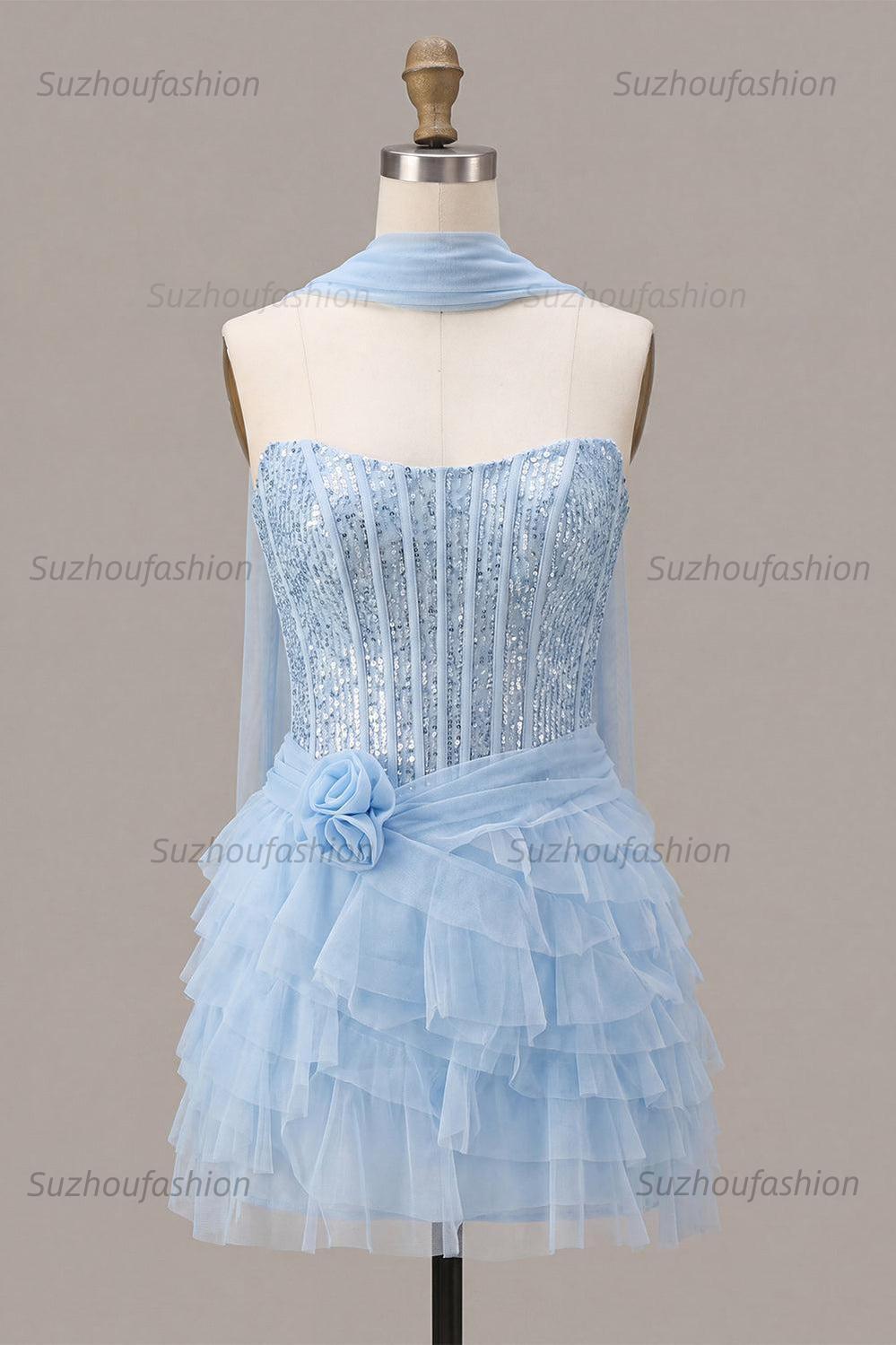 Suzhoufashion Sky Blue Corset Tiered Sequin Ruffled Short Homecoming Dress