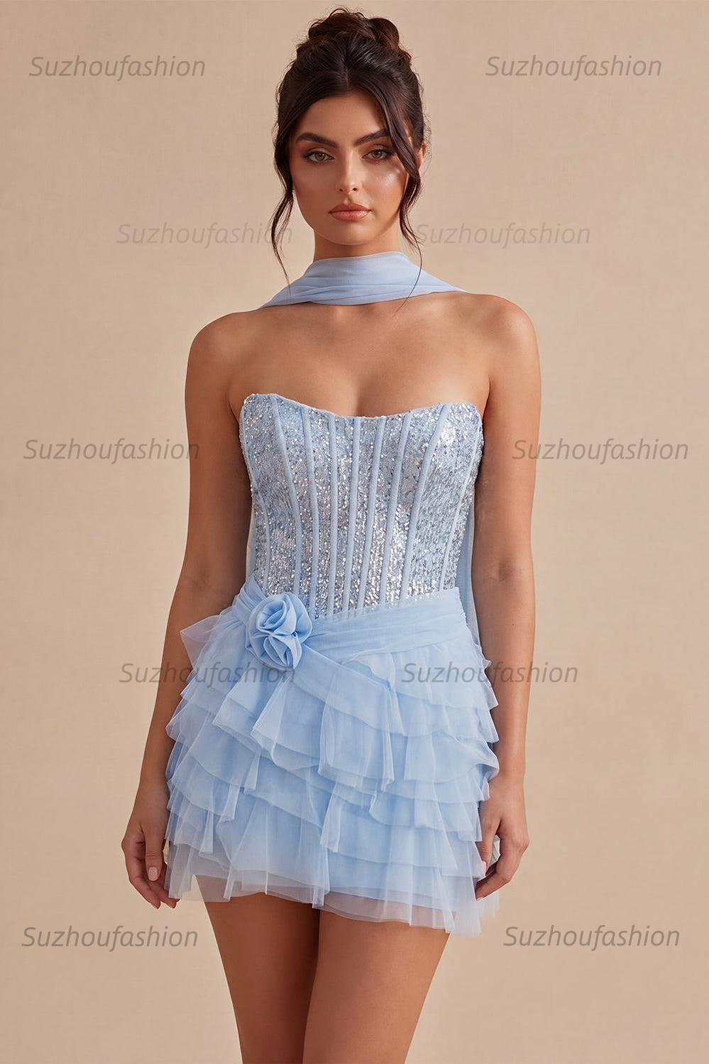 Suzhoufashion Sky Blue Corset Tiered Sequin Ruffled Short Homecoming Dress