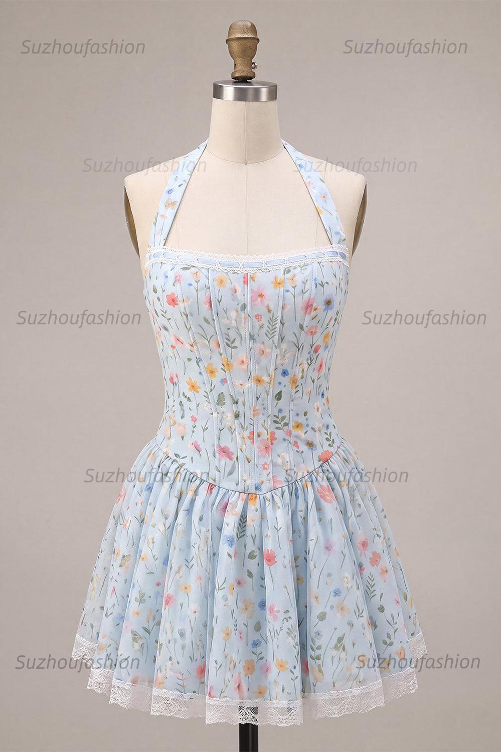 Suzhoufashion Sky Blue Floral A Line Halter Corset Short Homecoming Dress with Lace