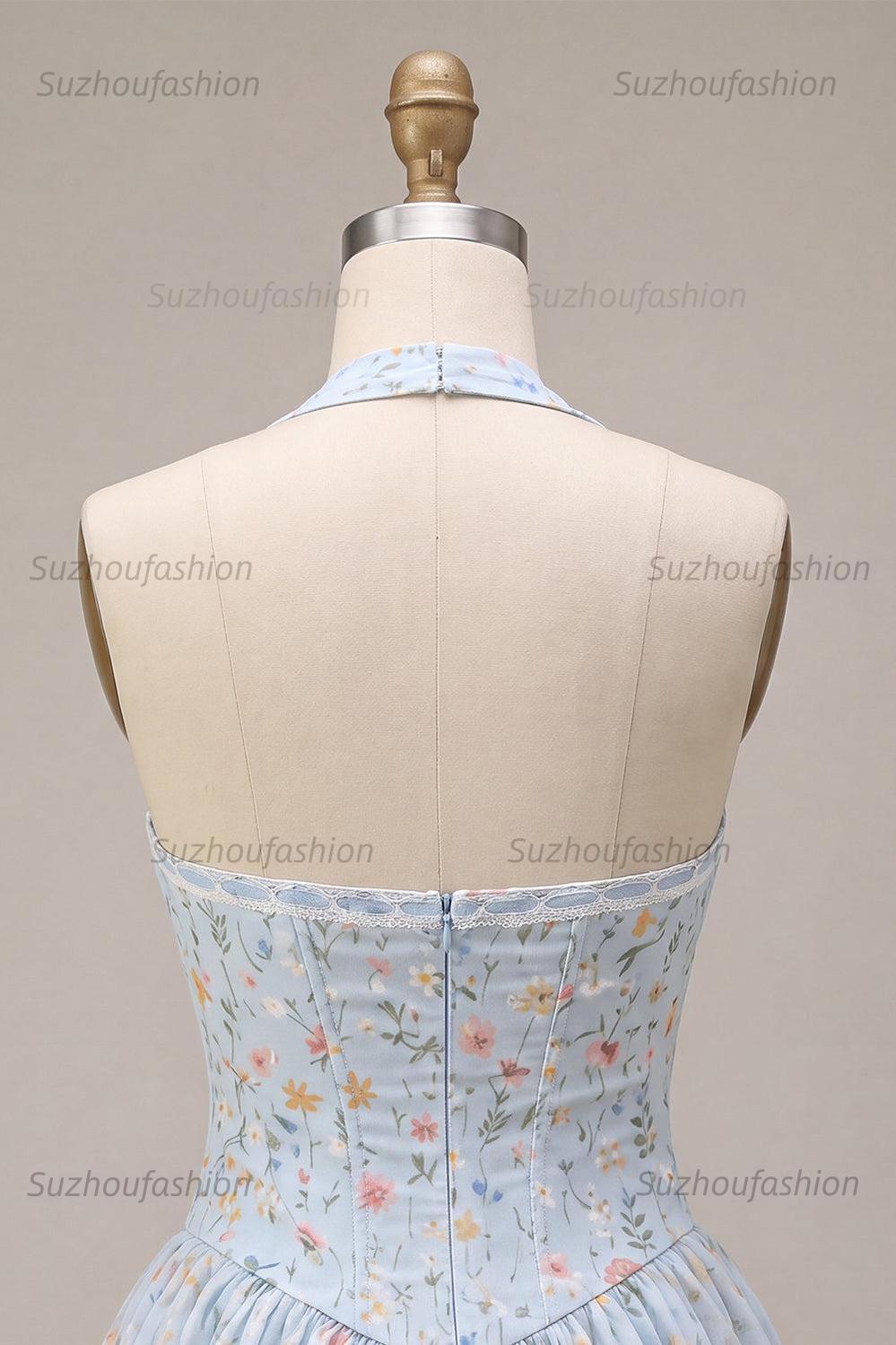 Suzhoufashion Sky Blue Floral A Line Halter Corset Short Homecoming Dress with Lace