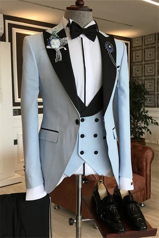 Suzhoufashion Sky Blue Peaked Lapel Three Pieces Slim Fit One Button Wedding Men Suits