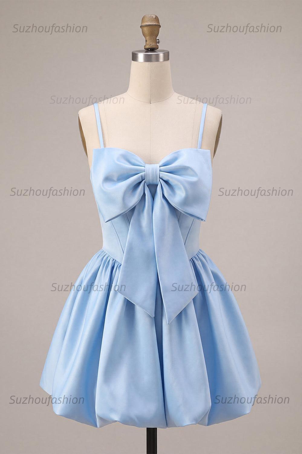 Suzhoufashion Sky Blue Satin A Line Corset Short Homecoming Dress with Bow