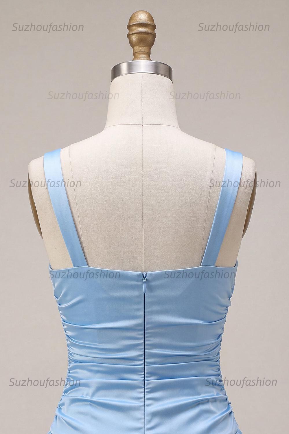 Suzhoufashion Sky Blue Satin Ruched A Line Short Homecoming Dress with Bow