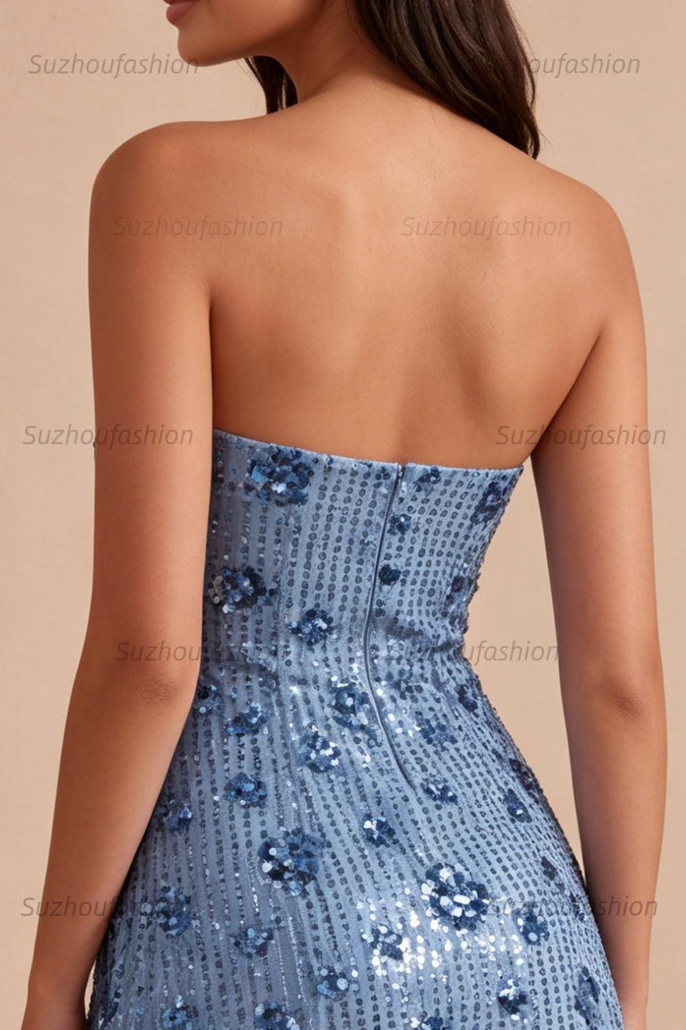Suzhoufashion Sky Blue Strapless Sequin Floral Tight Short Homecoming Dress