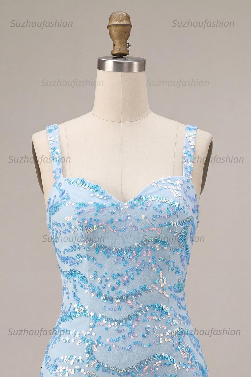 Suzhoufashion Sky Blue Tight Sequin Short Homecoming Dress with Slit
