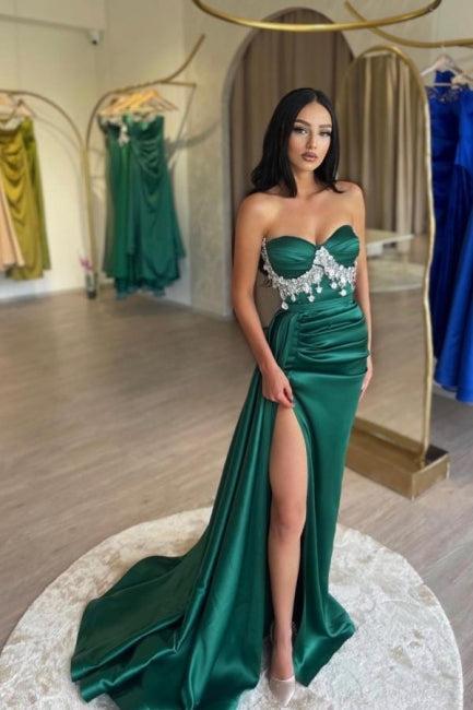 Suzhoufashion Slit Front Dark Green Satin Sweetheart Sleeveless Prom Dresses with Beadings