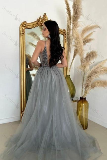 Suzhoufashion Slit Front V-Neck Spaghetti Straps Long Tulle Sleeveless Prom Dress with Beadings