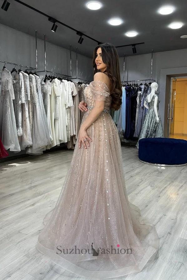 Suzhoufashion Strapless Beaded Formal Dress Off the Shoulder Evening Gown With Detachable Train