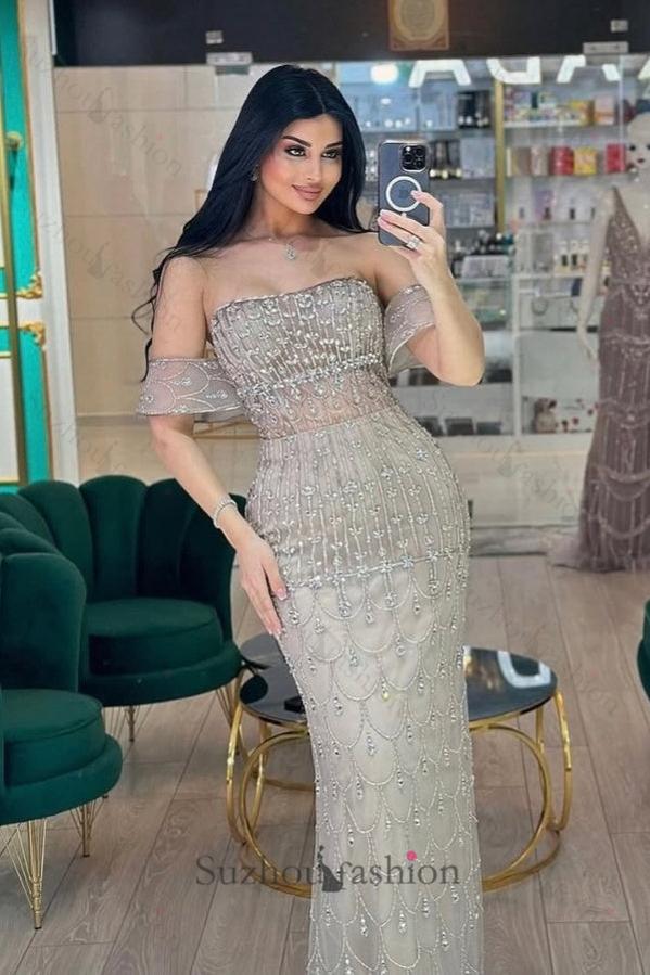 Suzhoufashion Strapless Beaded Formal Dress Off the Shoulder Evening Gown With Detachable Train