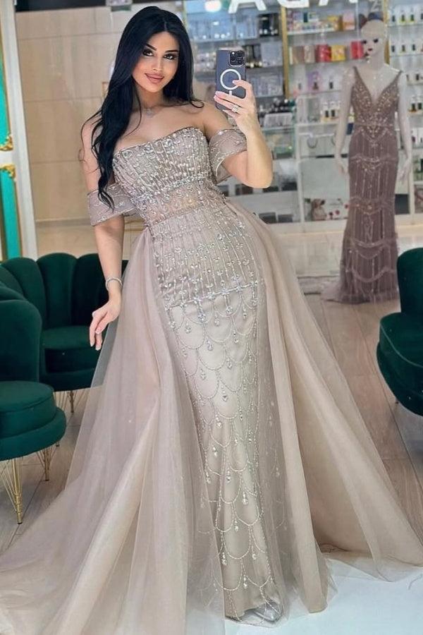 Suzhoufashion Strapless Beaded Formal Dress Off the Shoulder Evening Gown With Detachable Train