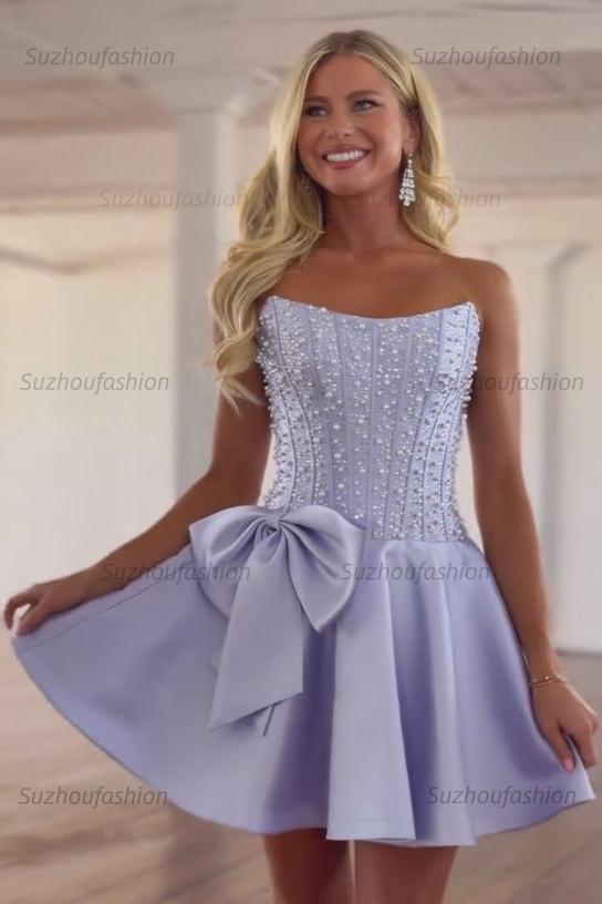 Suzhoufashion Strapless Beaded Homecoming Dress A Line Sleeveless Short Party Dress with Bowknot