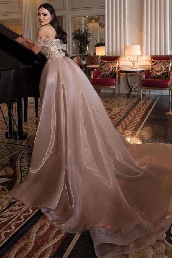Suzhoufashion Strapless Formal Dress Beaded Tulle Organza Prom Dress with Panel Train